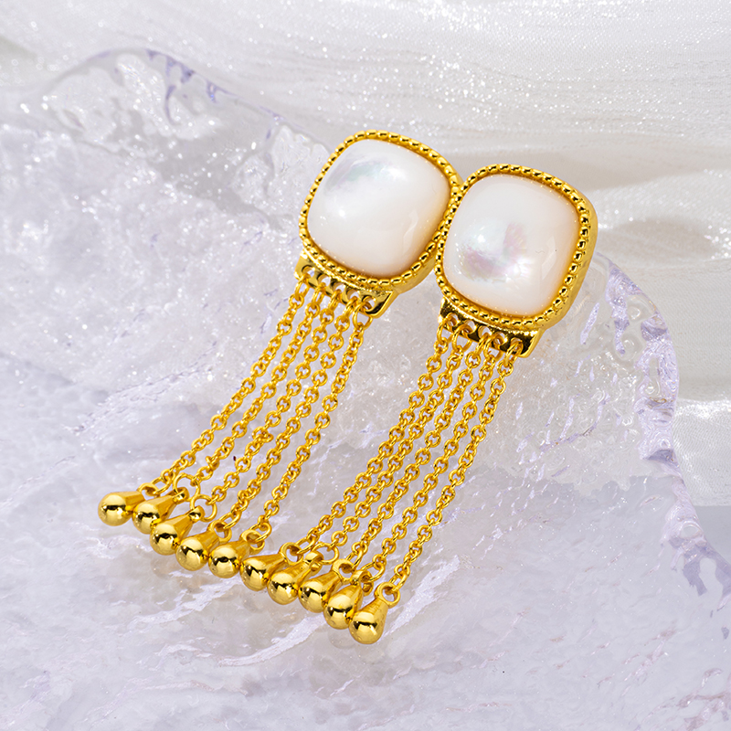 18K Gold Tassel Drops - Square White MOP Earrings