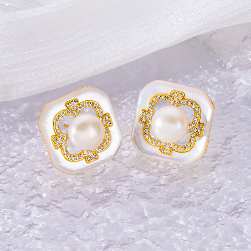 Natural Pearl & Square MOP Studs | Refined Luxe