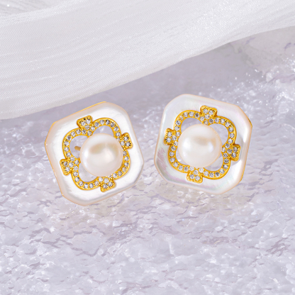 Natural Pearl & Square MOP Studs | Refined Luxe