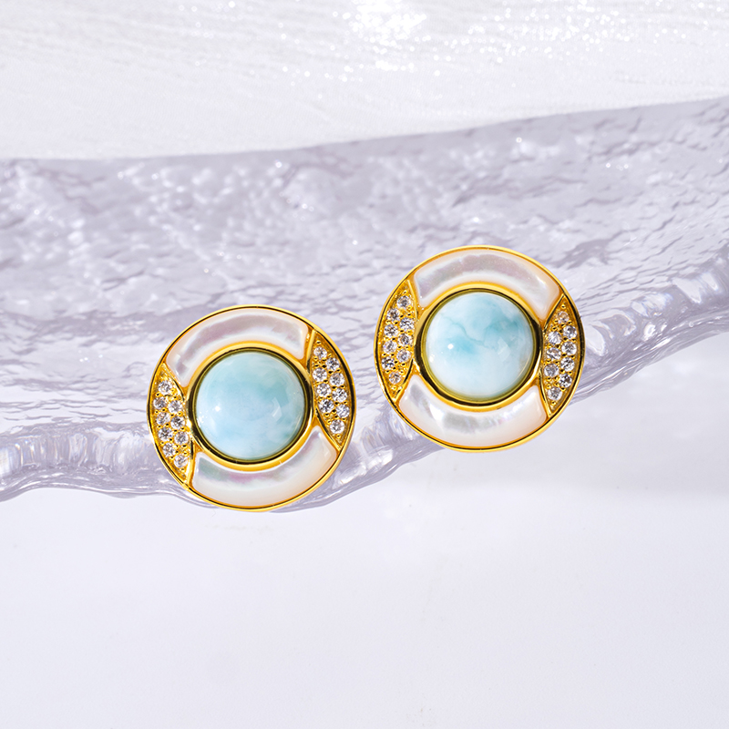 Luxury Round Stud Earrings Inlaid with Larimar & Zircon Shiny Fresh Women's Earrings