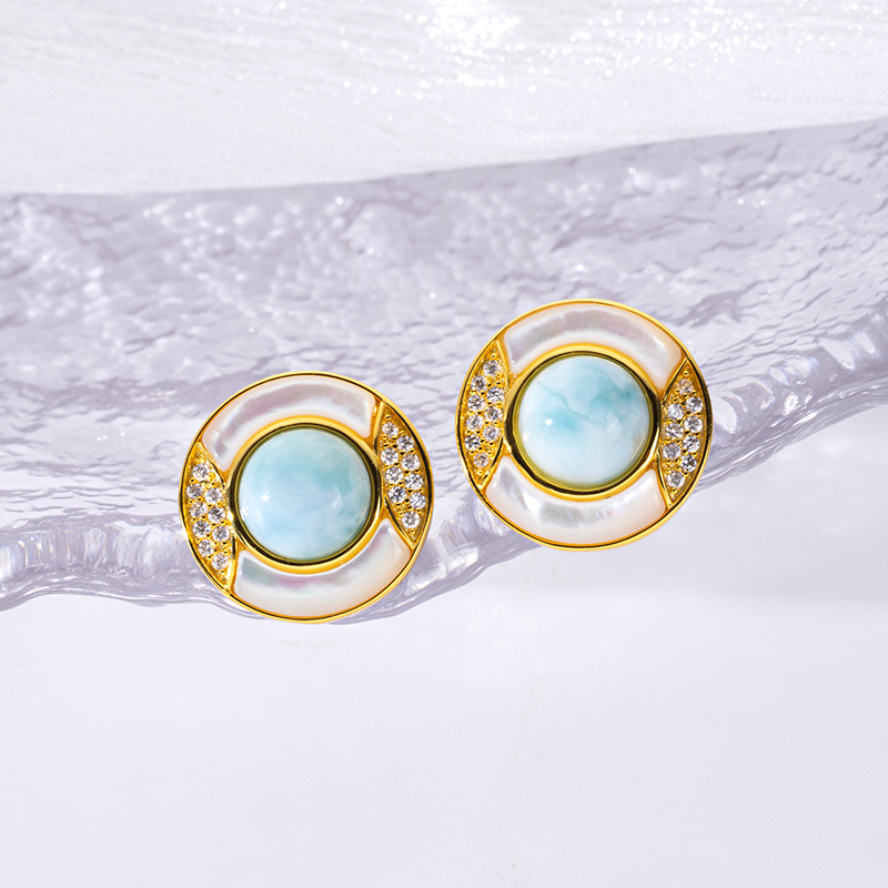 Luxury Round Stud Earrings Inlaid with Larimar & Zircon Shiny Fresh Women's Earrings
