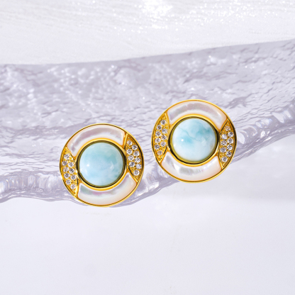 Luxury Round Stud Earrings Inlaid with Larimar & Zircon Shiny Fresh Women's Earrings