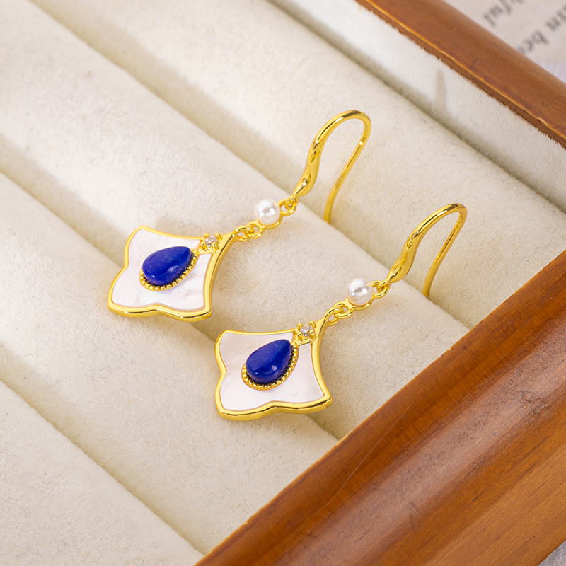 Vintage Teardrop Earrings | Lapis Lazuli & MOP Maple Leaf Design