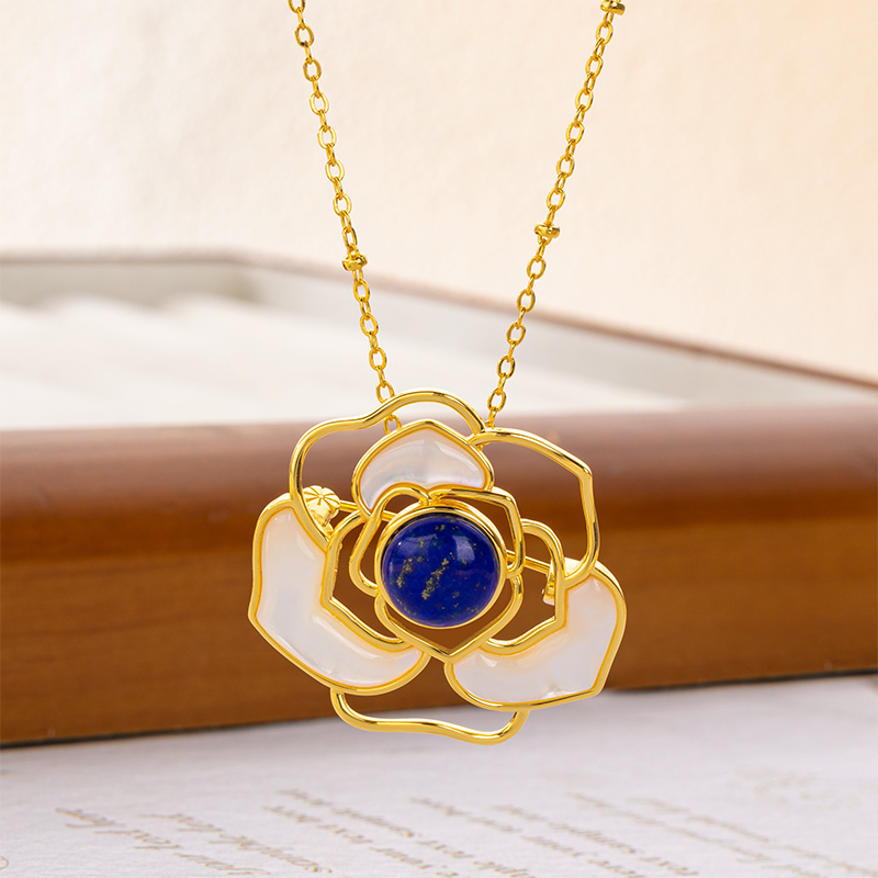 Lapis Lazuli & Mother of Pearl Camellia Necklace - Elegant Floral Jewelry