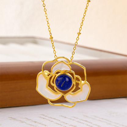Lapis Lazuli & Mother of Pearl Camellia Necklace - Elegant Floral Jewelry
