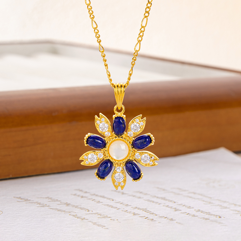 Elegant Lapis Lazuli Necklace: European Floral Pendant