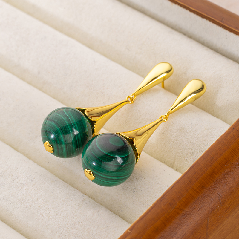 Luxury Floral Drop Earrings - Natural Malachite Royal Jewelry