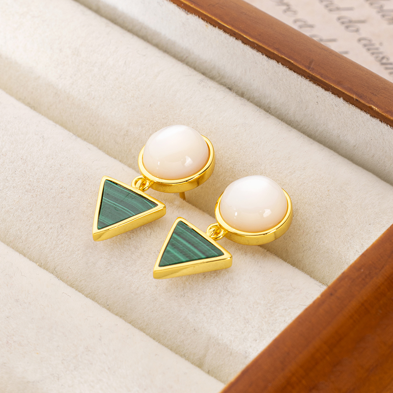 Round MOP & Triangle Malachite Studs - Unique Natural Earrings