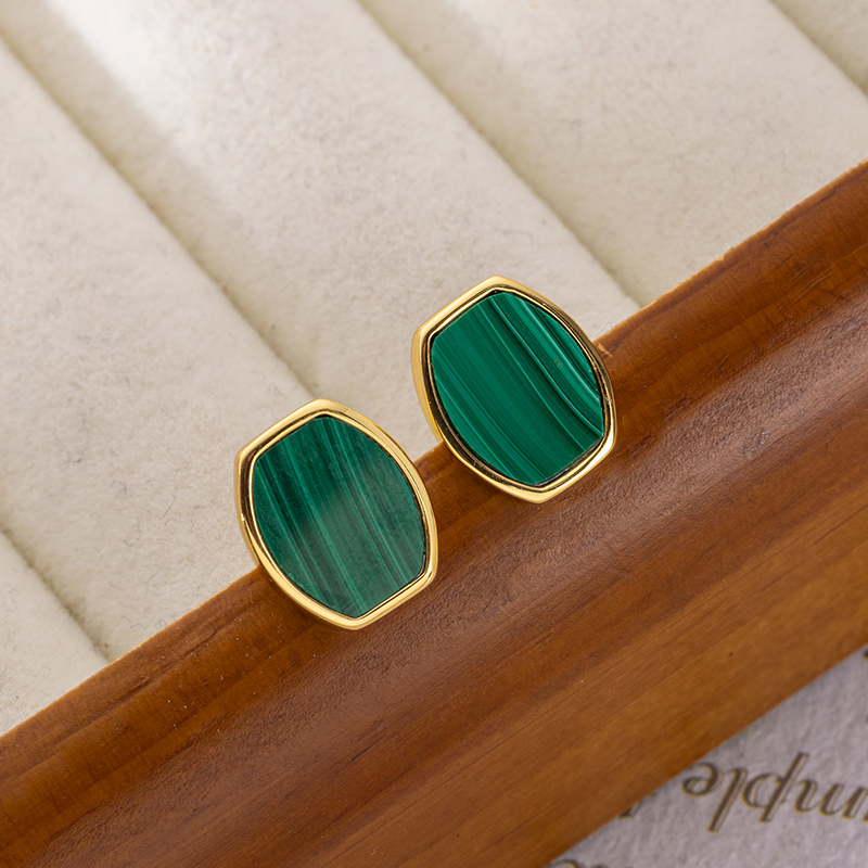 Natural Malachite Flat Geometric Petite Minimalist Korean Style Stud Earrings