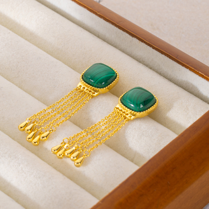 Regal Square Malachite Tassel Earrings in 18K Gold Plated