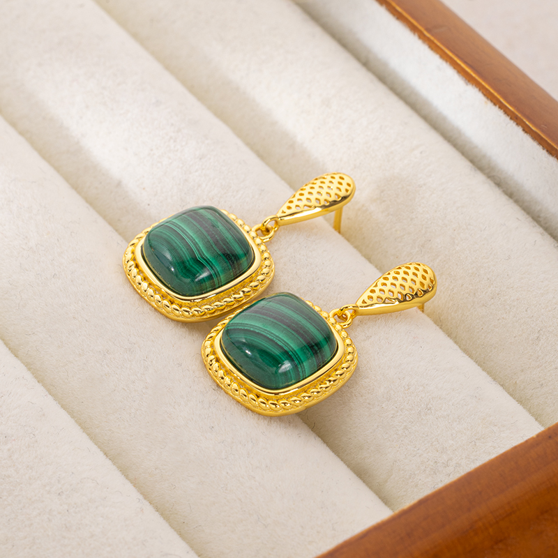 French Regal Malachite Square Earrings: Vintage Elegance