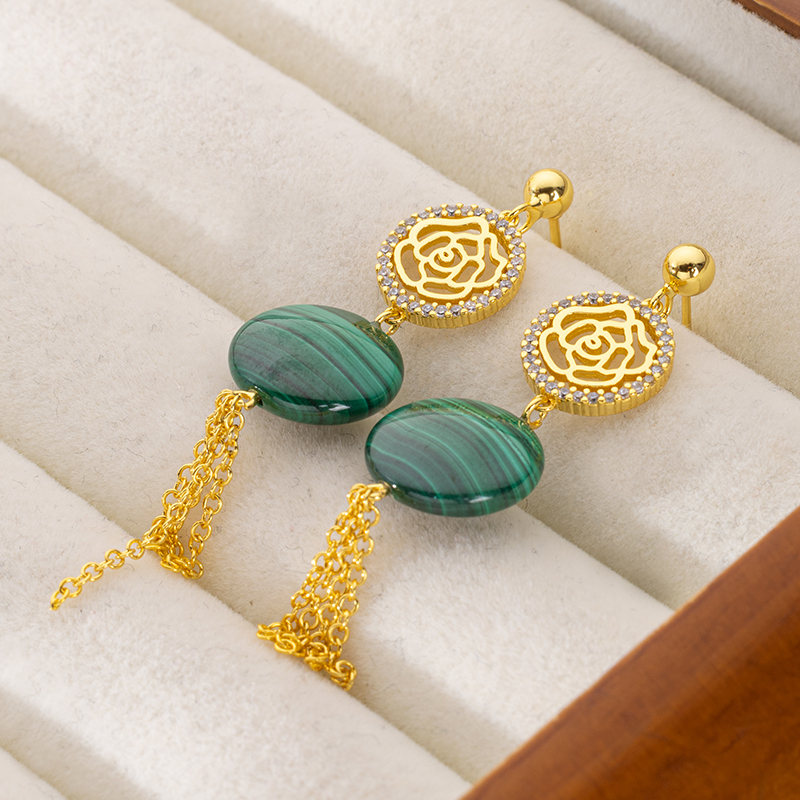 Vintage Malachite Rose Earrings: 18K Gold Plated Tassel