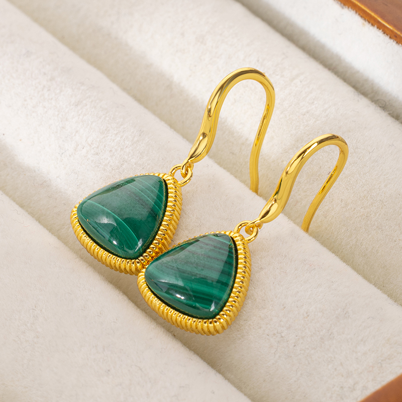 Natural Malachite Triangle Earrings: Minimalist Vintage Style