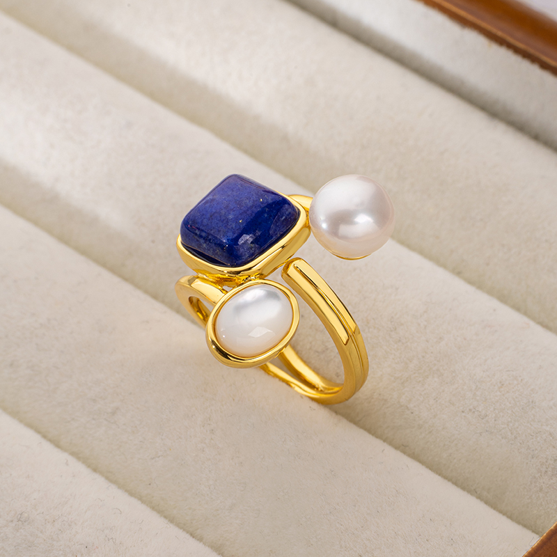 Natural Lapis Lazuli Square Sugar Cube Mother of Pearl Pearl Open Ring for Women