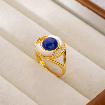 Luxury 18K Gold Plated Ring: Natural Lapis Lazuli, Mother of Pearl & Zircon