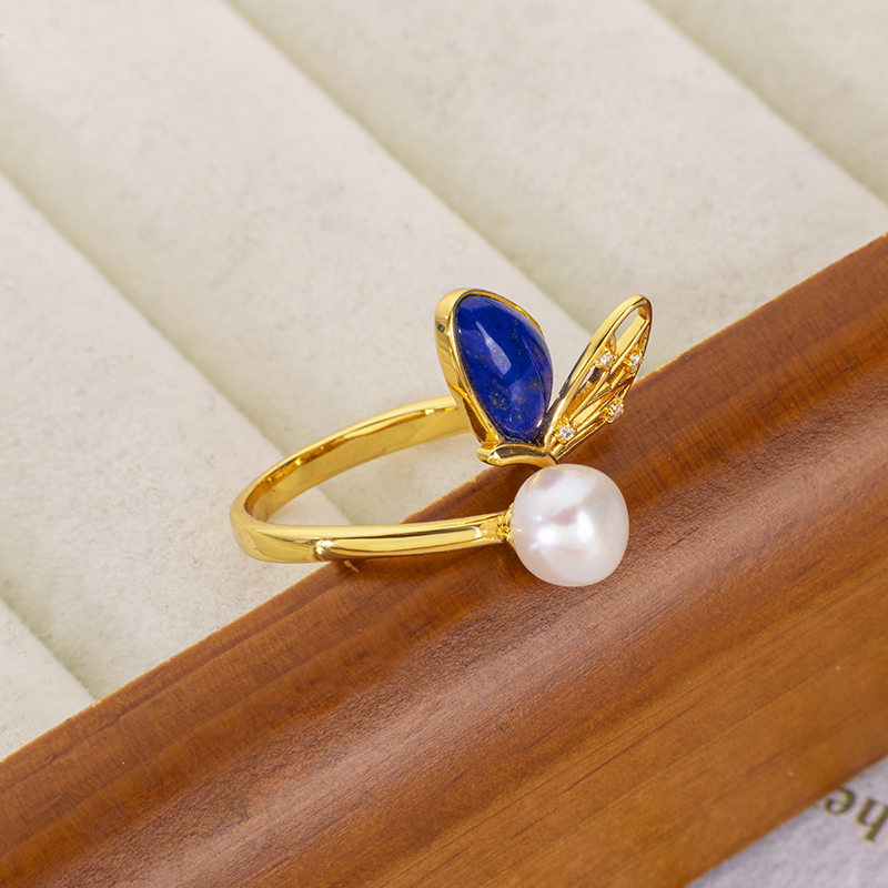 Natural Lapis Lazuli Fashion Butterfly Ring Elegant Unique Band 