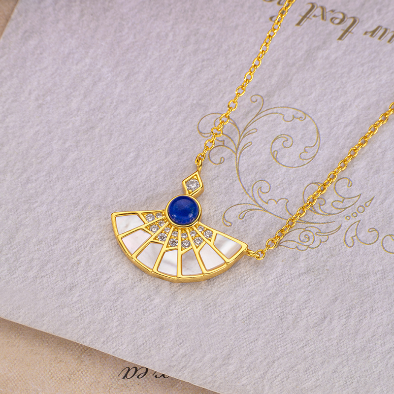 Lapis Lazuli & MOP Fan Pendant - Natural Stone Necklace