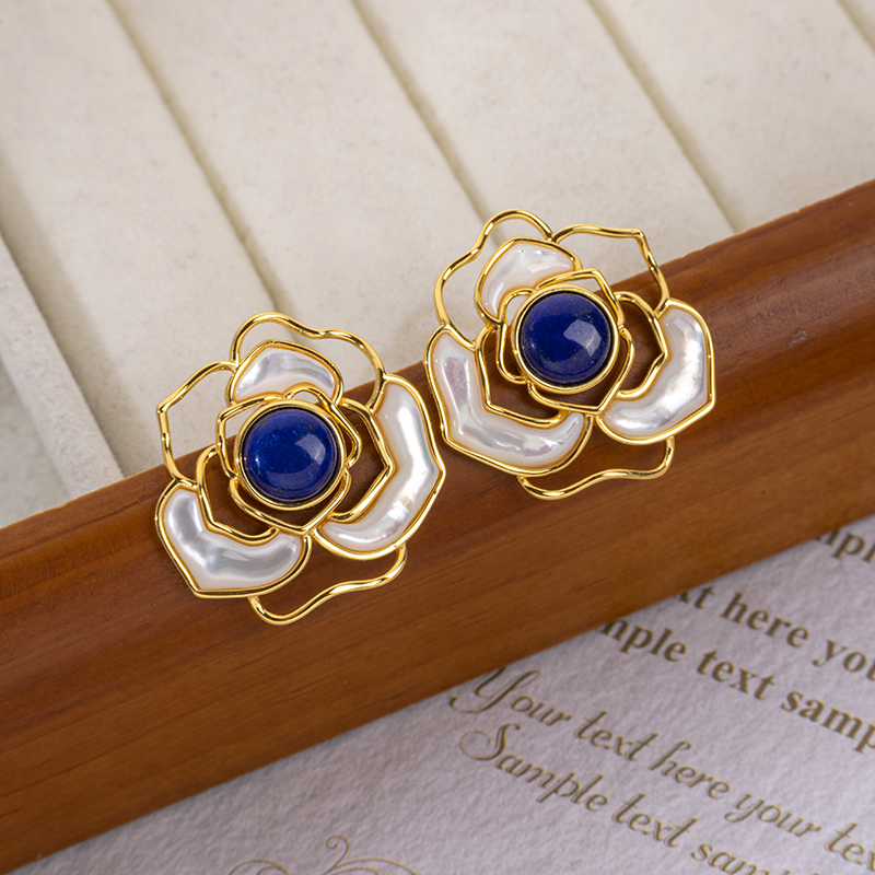 Natural Lapis Lazuli Camellia Stud Earrings - Elegant & Luxurious