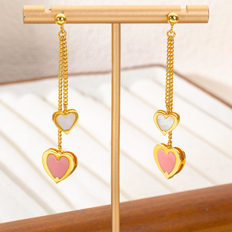 Queen Shell & MOP Double Heart Earrings - Delicate Fringe Dangle