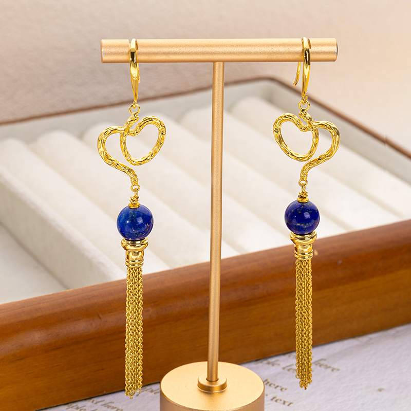 Round Lapis Lazuli Fringe Earrings - 18K Gold Plated Luxe
