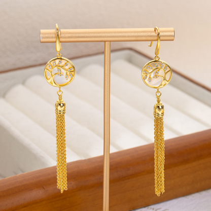 18K Gold Plated Royal Style Tassel Earrings for Women Inlaid with Natural Mother of Pearl Flower Earrings