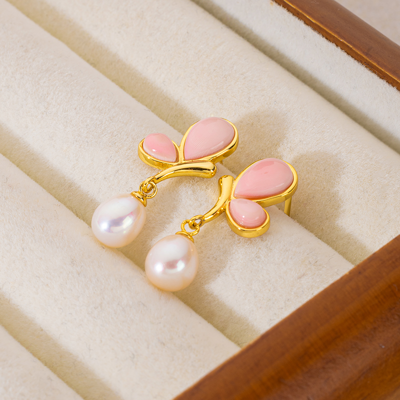 Queen Conch & Pearl Earrings: Pink Butterfly, Delicate