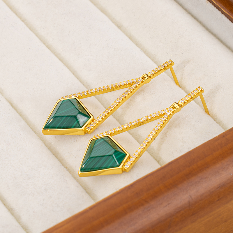 Natural Malachite Faceted Earrings | Triangular European Chic 