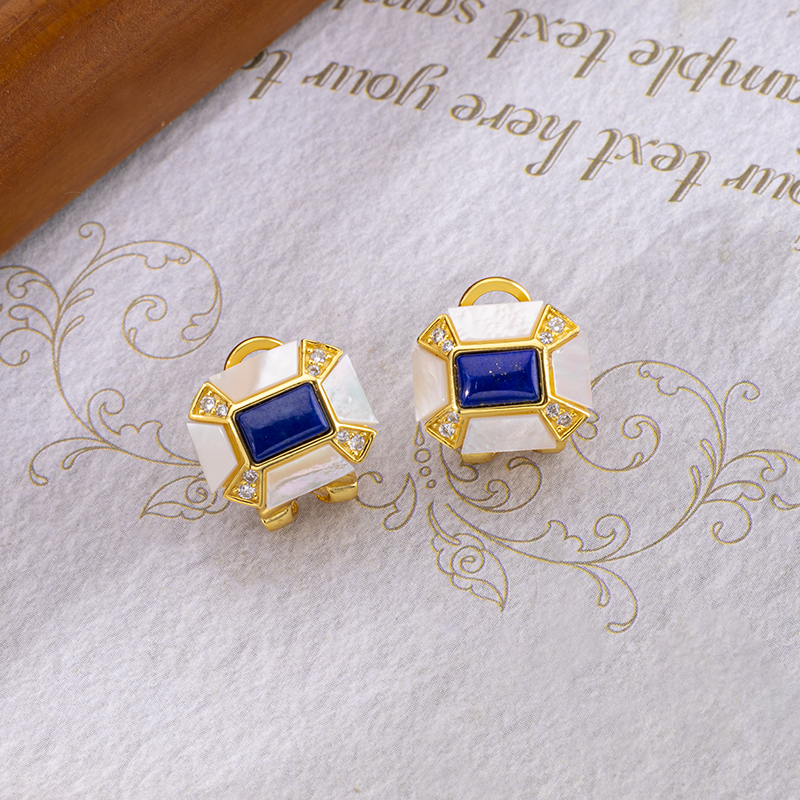 Lapis and MOP Clip Earrings Square Elegant