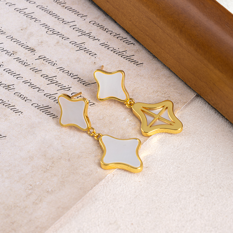 Boho Chic Shell Earrings - White MOP Clover, Minimalist Drops