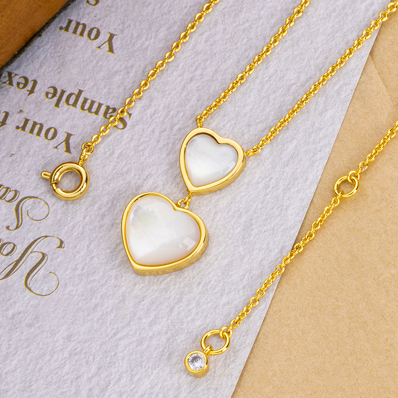 Double Heart Natural Mother of Pearl Necklace Women's