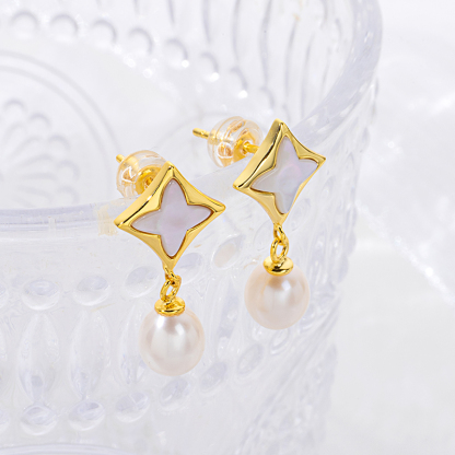 Delicate White MOP Clover Stud Earrings with Pearl Accents