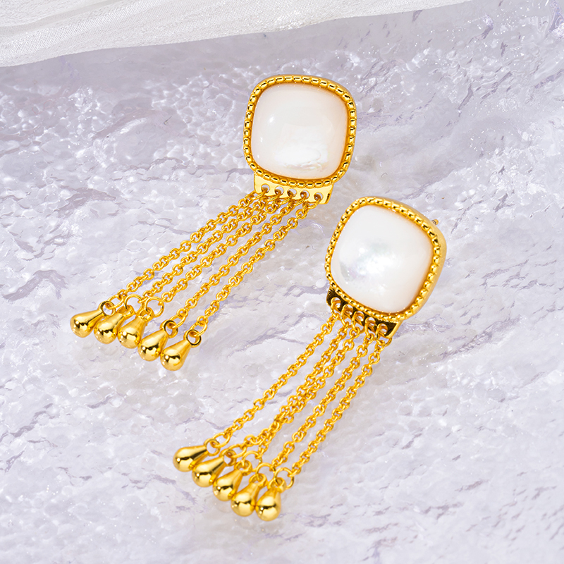18K Gold Tassel Drops - Square White MOP Earrings