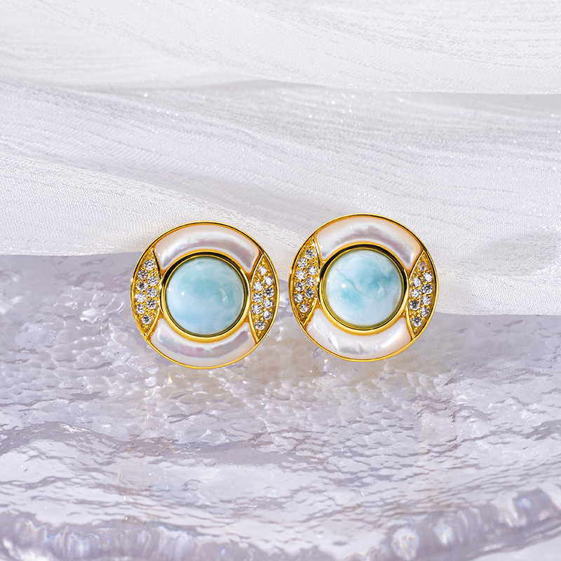 Luxury Round Stud Earrings Inlaid with Larimar & Zircon Shiny Fresh Women's Earrings