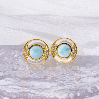 Luxury Round Stud Earrings Inlaid with Larimar & Zircon Shiny Fresh Women's Earrings