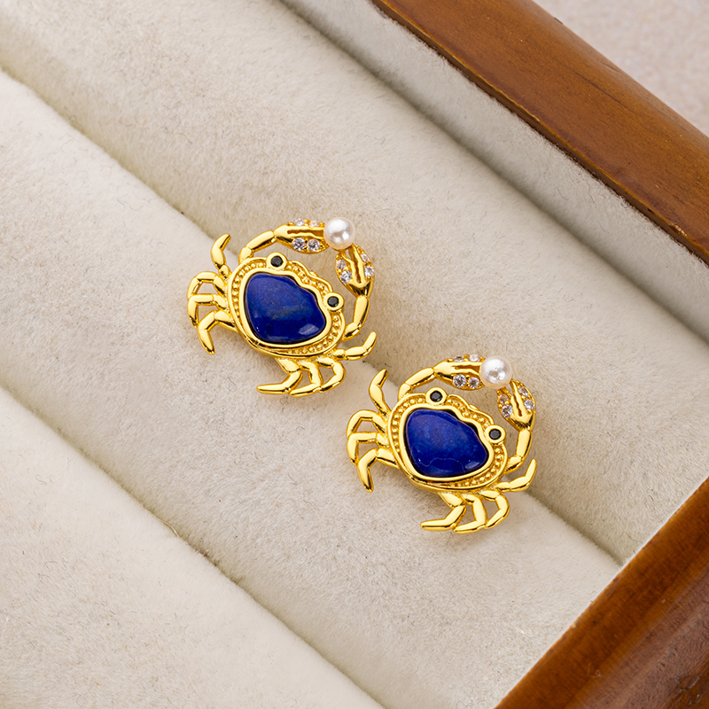 Natural Lapis Lazuli Crab Stud Earrings - 18K Gold Plated Elegance