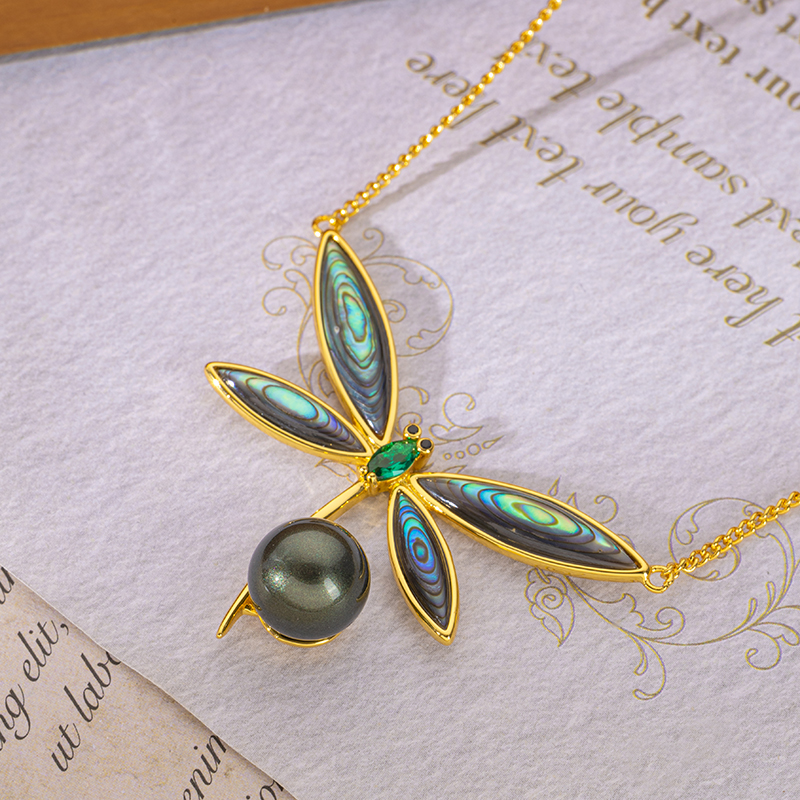 Iridescent Abalone Pearl Dragonfly Necklace | Natural & Artistic