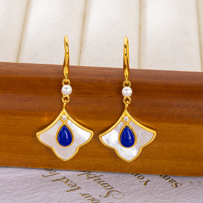 Vintage Teardrop Earrings | Lapis Lazuli & MOP Maple Leaf Design