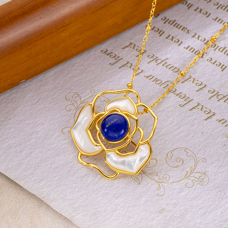 Lapis Lazuli & Mother of Pearl Camellia Necklace - Elegant Floral Jewelry
