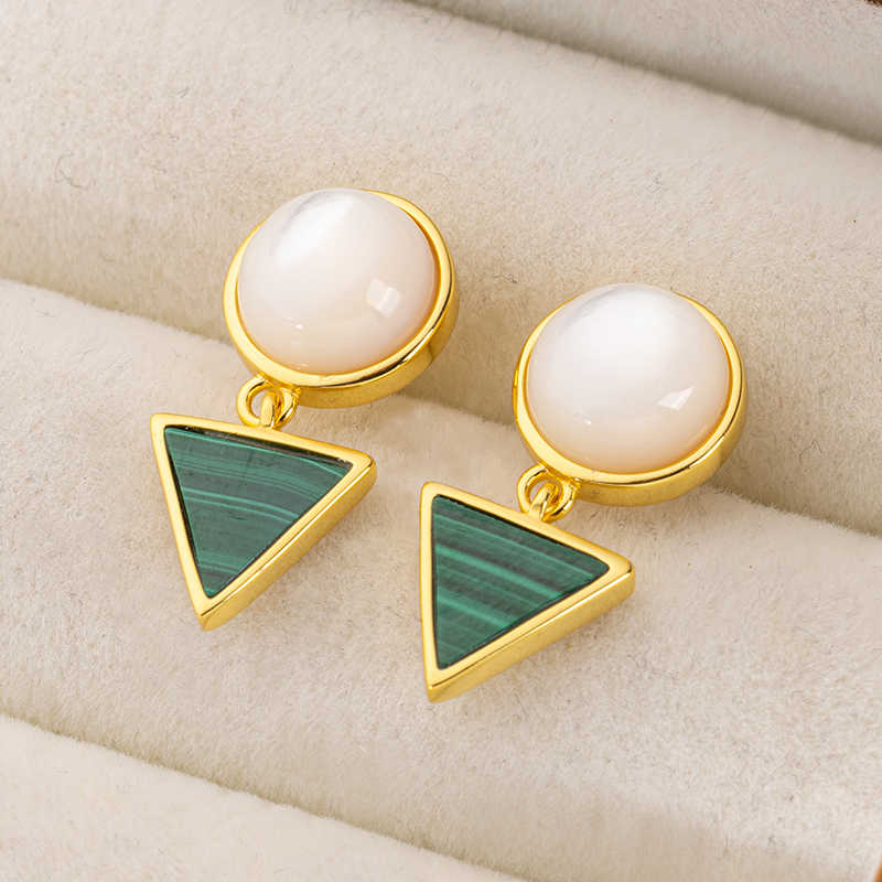 Round MOP & Triangle Malachite Studs - Unique Natural Earrings