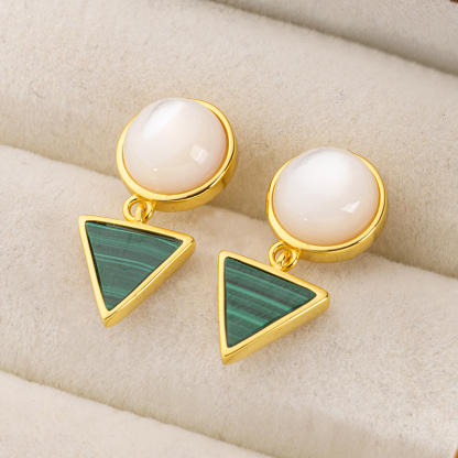 Round MOP & Triangle Malachite Studs - Unique Natural Earrings