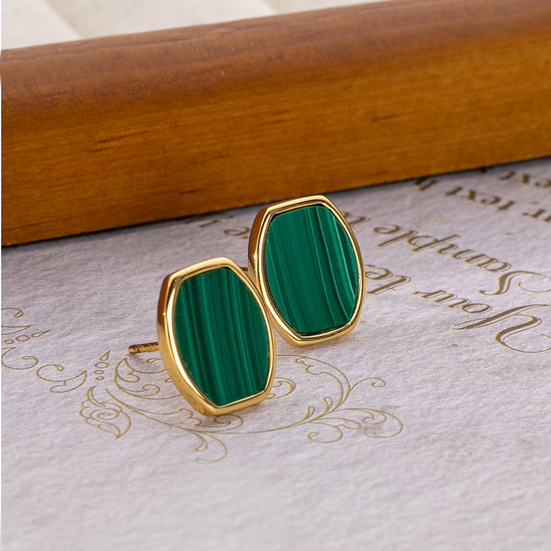 Natural Malachite Flat Geometric Petite Minimalist Korean Style Stud Earrings