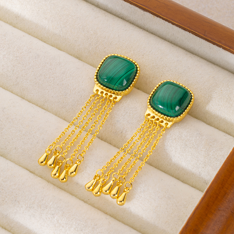 Regal Square Malachite Tassel Earrings in 18K Gold Plated