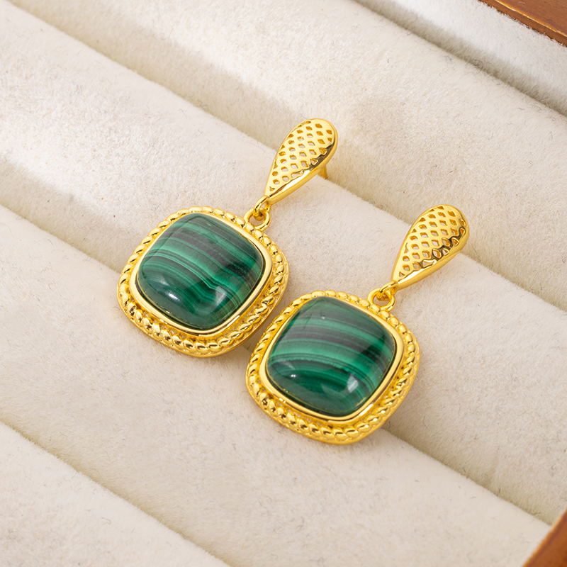 French Regal Malachite Square Earrings: Vintage Elegance