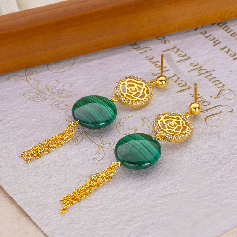 Vintage Malachite Rose Earrings: 18K Gold Plated Tassel