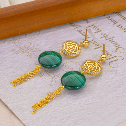 Vintage Malachite Rose Earrings: 18K Gold Plated Tassel