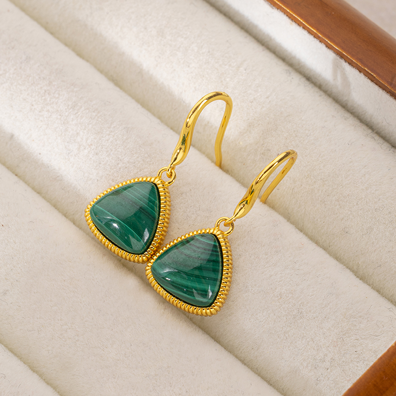 Natural Malachite Triangle Earrings: Minimalist Vintage Style