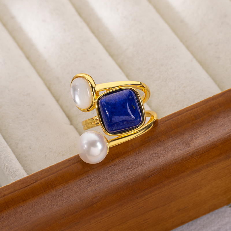 Natural Lapis Lazuli Square Sugar Cube Mother of Pearl Pearl Open Ring for Women