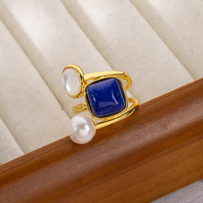 Natural Lapis Lazuli Square Sugar Cube Mother of Pearl Pearl Open Ring for Women