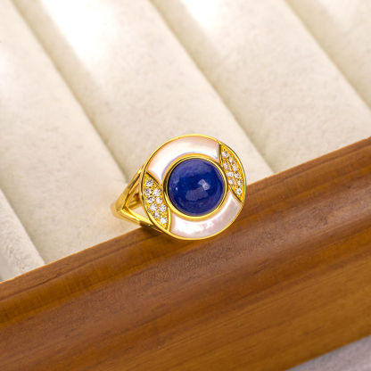 Luxury 18K Gold Plated Ring: Natural Lapis Lazuli, Mother of Pearl & Zircon