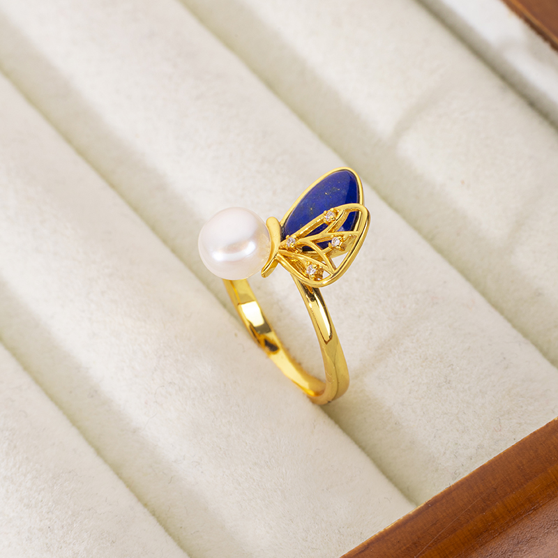 Natural Lapis Lazuli Fashion Butterfly Ring Elegant Unique Band 